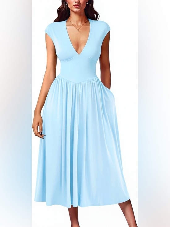 OYS Dresses & Skirts - OYS TIK TOK SHOP deep V cap sleeves maxi dress with tie back XL